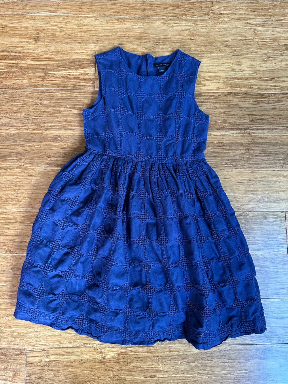 TOMMY HILFIGER Girl 7 Royal Blue Old Money Eyelet Fit-and-Flare Sleeveless Dress